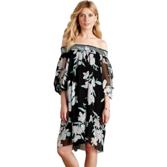 Maeve Dresses & Skirts - Maeve Black Floral Off-Shoulder Dress Small NWT Boho 70s Flowy Festival Tropical